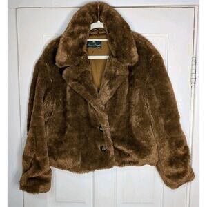 Free People Mena Faux Fur Brown Plush Jacket Oversized Collar Women's M(C)